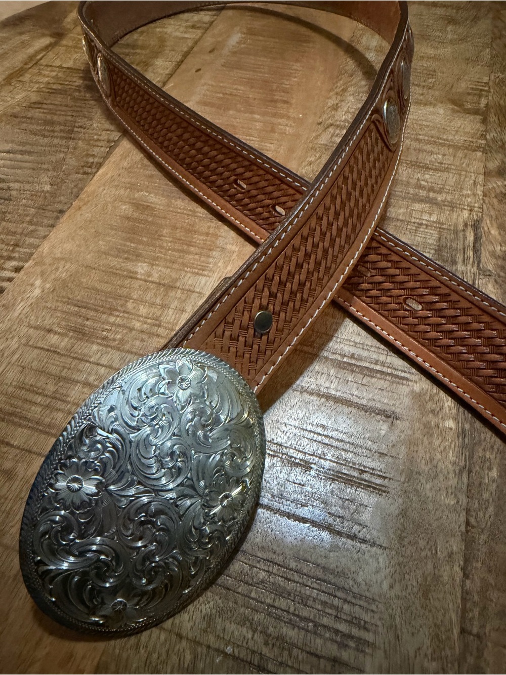 Vintage Montana Silversmiths Silver Plate Buckle Tooled Leather Belt 36” Western - Picture 2 of 16